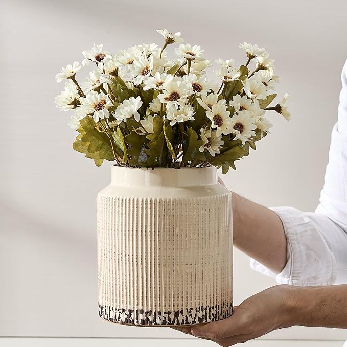 SIDUCAL Ceramic Vintage Rustic Terracotta Vase, 6.77 Inch Farmhouse Decorative Pottery Vase Wide-Mouth Vases for Home Decor, Living Room, Bookshelf, Bedroom, Bathroom, Kitchen, Antique Beige