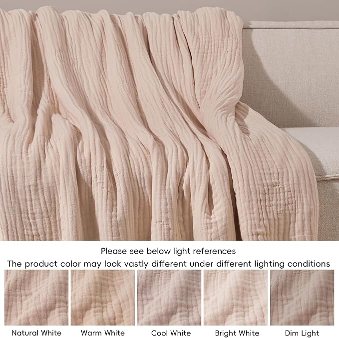 PHF Cooling Muslin Blanket Queen Size 90"x80", 6-Layer Lightweight Gauze Blanket Made from 35% Rayon Derived from Bamboo & 65% Cotton, Breathable & Ultra Soft Cozy for Hot Sleepers, Cameo Rose