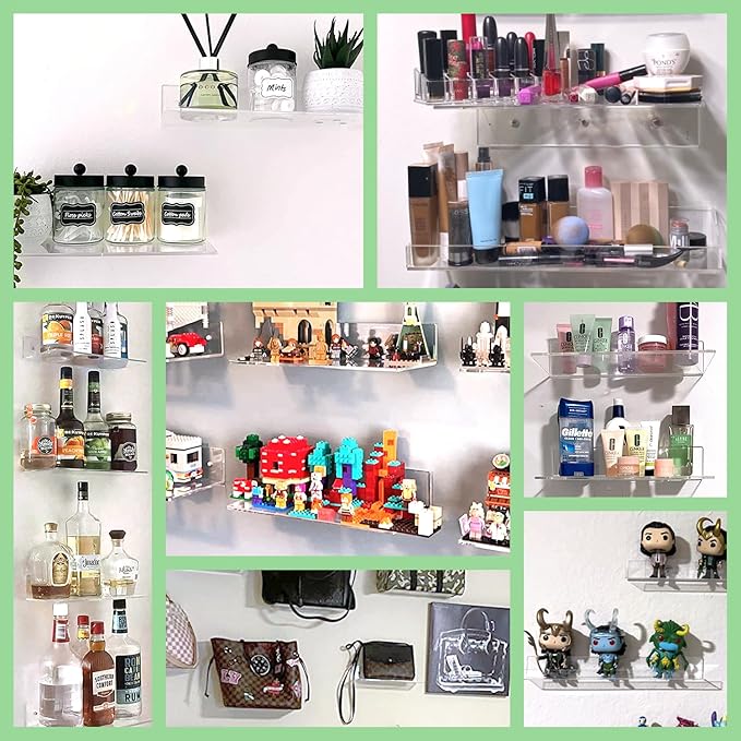 FEMELI 2 PCS 15" Acrylic Floating Shelves, Clear Shelf for Display, Plant, Perfume, Book in Bedroom Living Room Office, 5mm Thick Wall-Mounted Acrylic Shelves for Wall