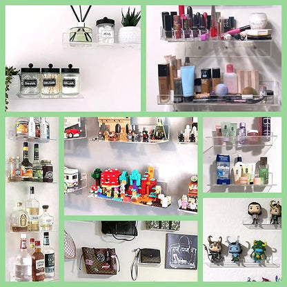 FEMELI 2 PCS 15" Acrylic Floating Shelves, Clear Shelf for Display, Plant, Perfume, Book in Bedroom Living Room Office, 5mm Thick Wall-Mounted Acrylic Shelves for Wall