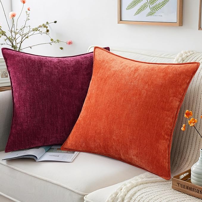 decorUhome Spring Couch Throw Pillow Covers 18x18 Set of 2, Decorative Soft Velvet Neutral Chenille Pillow Covers with Elegant Design for Sofa Bed Living Room Home Decor, Rhododendron