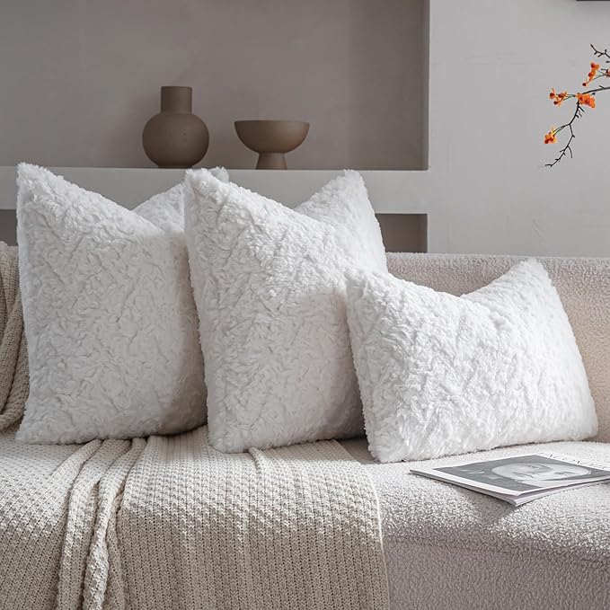 Neelvin Set of 2 Faux Fur Throw Pillow Covers 18x18 Inch White Cozy Soft Solid Decorative Pillowcases Thick Plush Sheepskin Cushion Case for Chair and Couch Sofa Bedroom