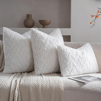Neelvin Set of 2 Faux Fur Throw Pillow Covers 18x18 Inch White Cozy Soft Solid Decorative Pillowcases Thick Plush Sheepskin Cushion Case for Chair and Couch Sofa Bedroom