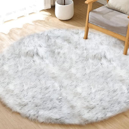 Grey and White Plush Machine Washable Area Rugs for Bedroom Small Circle Furry Faux Sheepskin Fur Rug for Living Room Nursery Round Rug 3ft