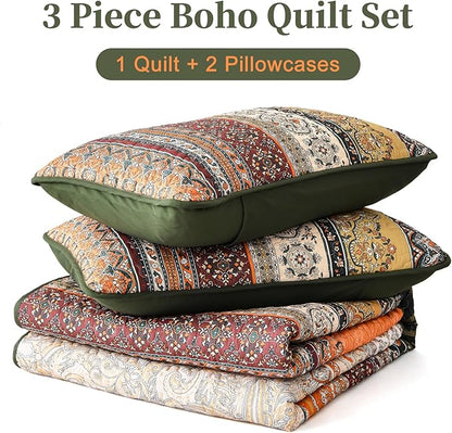 WONGS BEDDING Boho King Quilt Set, Green and Orange Bohemian Quilt Bedding Set, Fall Lightweight Bed Decor Bedspread for All Season Reversible Microfiber Coverlet Bedding Set 103"x90"(3 Pieces)