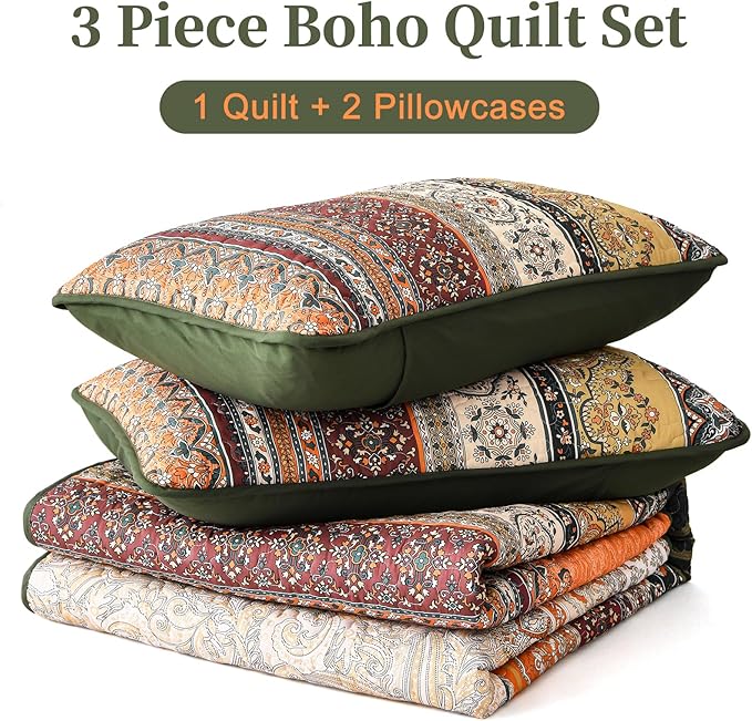 WONGS BEDDING Boho Queen Quilt Set, Green and Orange Bohemian Quilt Bedding Set, Fall Lightweight Bed Decor Bedspread for All Season Reversible Microfiber Coverlet Bedding Set 96"x90"(3 Pieces)