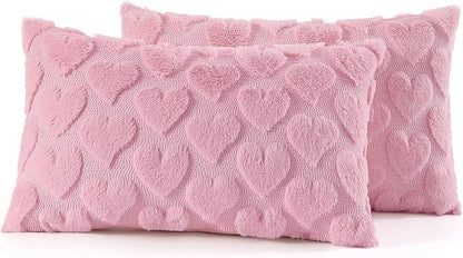 decorUhome Valentine’s Day Soft Plush Throw Pillow Covers 12x20 Inch Set of 2, Faux Fur Pink Heart Decoration Neutral Lumbar Pillow Covers for Couch Sofa Bed Cozy Farmhouse Holiday Decor