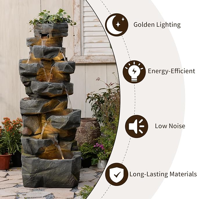58" H Outdoor Water Fountain with 7 Tiers New Upgraded Large Cascading Realistic Rock Waterfall Fountains with Lights Outdoor Water Fountain for Garden Patio Backyard Porch Home Decor
