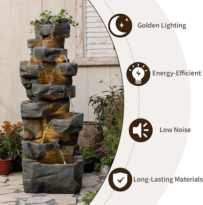 58" H Outdoor Water Fountain with 7 Tiers New Upgraded Large Cascading Realistic Rock Waterfall Fountains with Lights Outdoor Water Fountain for Garden Patio Backyard Porch Home Decor