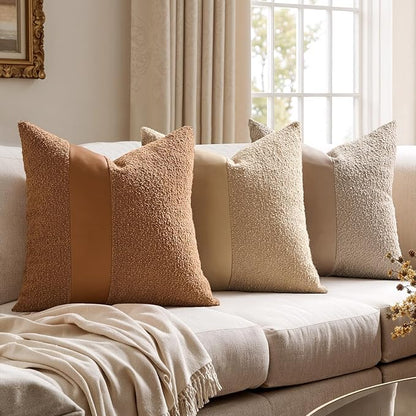 MIULEE Boucle Throw Pillow Covers 22x22 Inch Set of 2 Brown Faux Leather Textured Decorative Pillow Cases Boho Farmhouse Accents Cushion Covers for Couch Bed Livingroom Home Decor