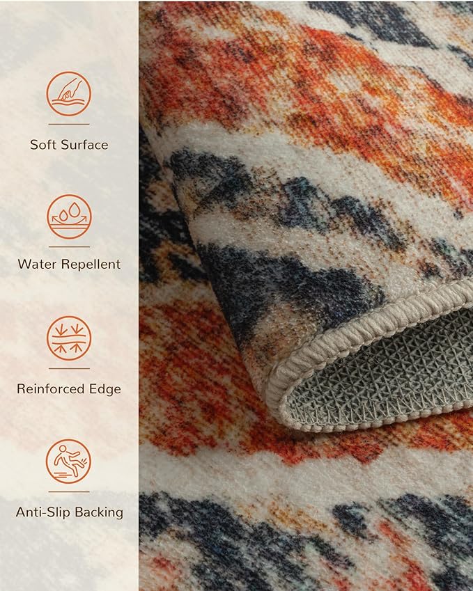 Area Rug 9x12 Rug Machine Washable Non-Slip Low Pile Print Pattern Fall Western Rug for Living Room Bedroom Entryway Tribal Series -Orange/Brown