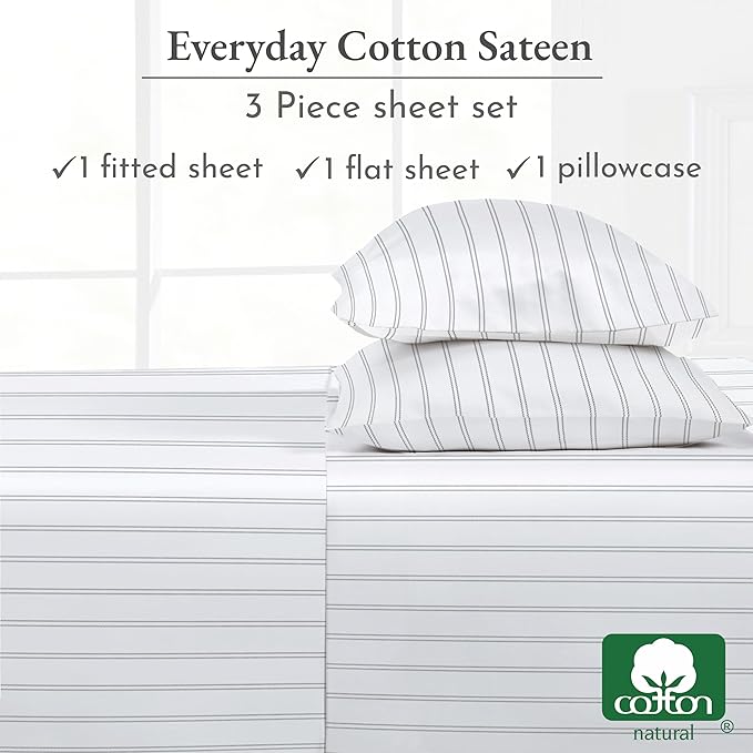 California Design Den Stripe Sheet Set Twin XL, 100% Cotton Twin XL Sheet Set, Deep Pocket Twin XL Size Sheets & Pillowcase Set, Soft Sateen Weave - Classic Stripe