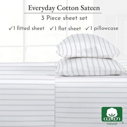 California Design Den Stripe Twin Sheets Set, 100% Cotton Deep Pocket Twin Size Sheets & Pillowcase Set. Soft Sateen Weave - Classic Stripe