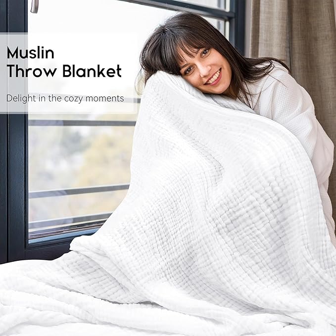 Yoofoss Muslin Blanket 100% Organic Cotton Throw Large 50" x 60" for Bed Couch Summer Gauze Blanket for Adults Lightweight and Breathable White