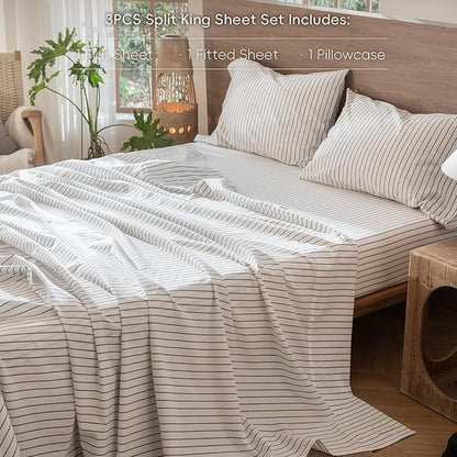 MooMee Striped Sheet Set 100% Washed Cotton Linen Like Textured Breathable Durable Soft Comfy (White Dark Grey Wide Stripes, Twin)