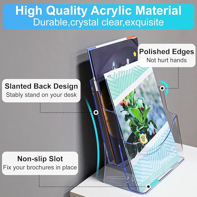 Acrylic Brochure Holder 8.5x11 & 4 x9 Inches, Clear 2 Tier Magazine Holder Brochure Display Stand w Removable Divider, Literature Pamphlet Flyer Holder for Wall Mount or Countertop
