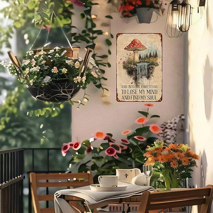 Mushroom Decor Metal Sign with "And Into The Forest I Go" Quote - Cottagecore & Rustic Wall Art for Farmhouse, Kitchen, Bathroom, Gardening Shed - 8x12 Inches