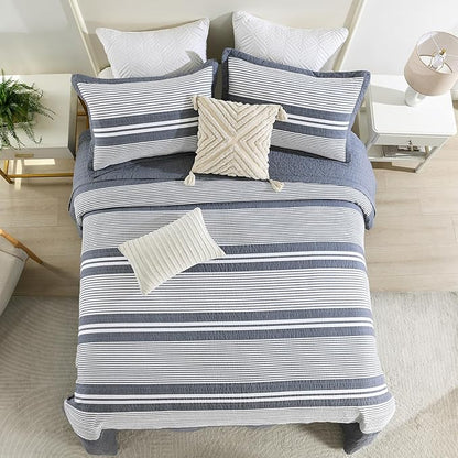SahSahCasa 100% Cotton 120"×120" Oversized Bedspreads Coverlet, Striped California King XL Quilt Extra Large Bed Spread Lightweight Quilted Comforter, 3pcs, Slate Gray