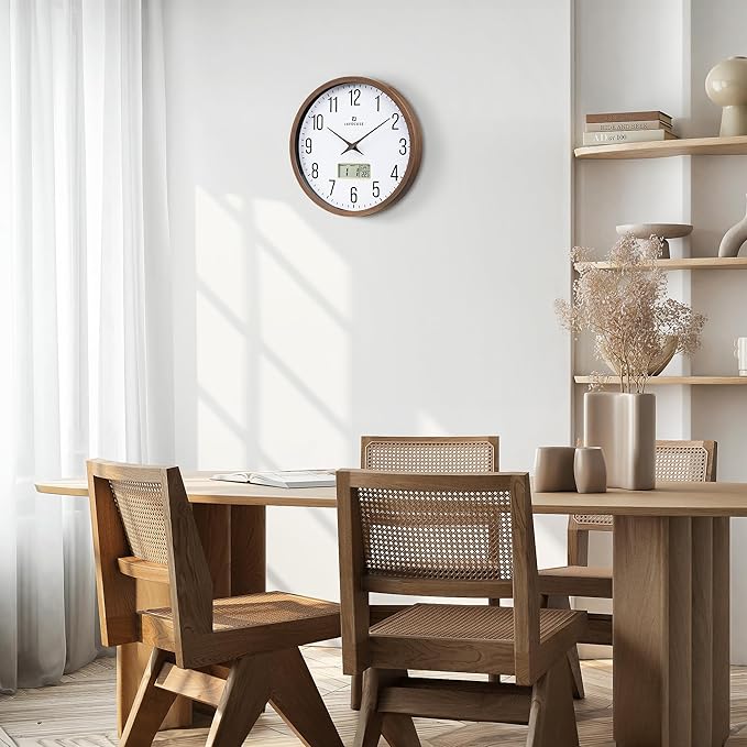 Lafocuse 12 Inch Silent Brown Wall Clock with Time Day Date Temperature, Battery Operated Wall Clock Analog and Digital with Calendar for Kitchen Living Room Home Décor