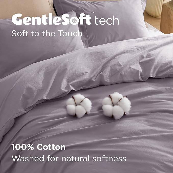 Bedsure 100% Washed Cotton Duvet Cover King Size - Lavender Minimalist Cotton Duvet Cover Linen Like for All Seasons - GentleSoft™ Plain Simple Bedding (Lavender, King, 104"x90")