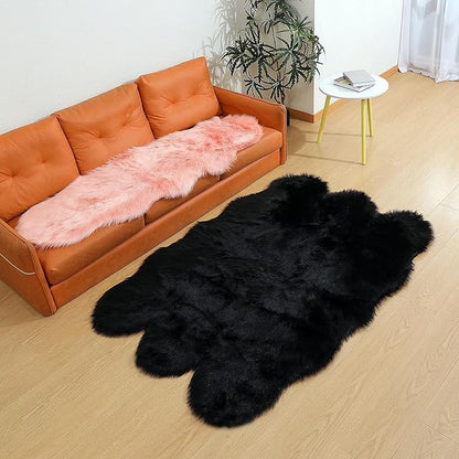 Faux Fur Rug Sheepskin Shag Fluffy Fuzzy Black 4x6 ft Rugs for Bedroom Bedside Bed Floor Living Room Plush High-Density Cushion Carpet Super Sofa Cover