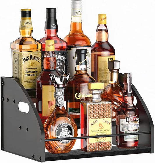 Premium Metal Design - Strong Liquor Bottle Display Shelf, 3 Steps Extra Large Rustic Mini Bar, Countertop Coffee Syrup Organizer with Handles, Ideal Gift for Dad & Liquor Enthusiasts