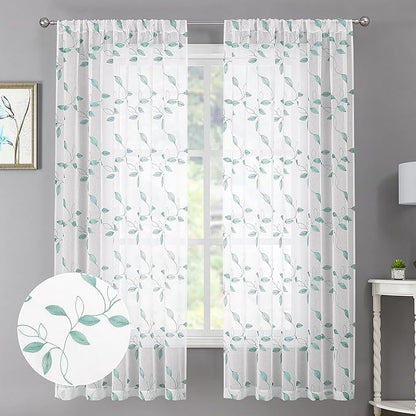 Tollpiz Teal Blue Leaf Sheer Curtain Leaves Embroidered Living Room Short Curtains Rod Pocket Voile Window Treatment for Bedroom, 54 x 54 inches Long, Set of 2 Panels