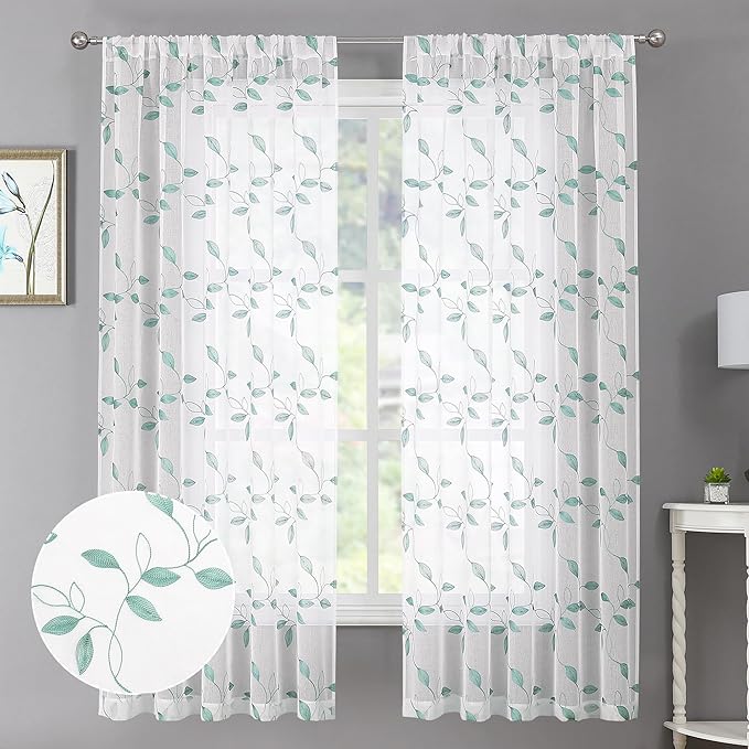 Tollpiz Teal Blue Leaf Sheer Curtains Leaves Embroidered Bedroom Short Curtain Rod Pocket Voile Window Treatment for Living Room, 38 x 54 inches Long, Set of 2 Panels