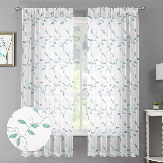 Tollpiz Teal Blue Leaf Sheer Curtains Leaves Embroidered Bedroom Short Curtain Rod Pocket Voile Window Treatment for Living Room, 38 x 54 inches Long, Set of 2 Panels