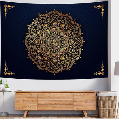 Delur Mandala Tapestry Aesthetic Boho Gold Floral Medallion Tapestry Wall Hanging Bohemian Wall Art Indian Hippie Psychedelic Headboard for Bedroom Living Room Home Decor (70.8" x 92.5")