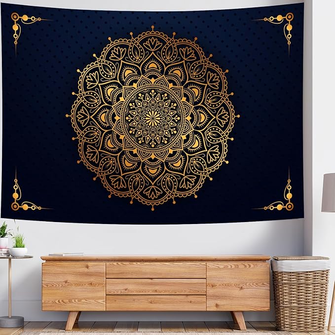 Delur Mandala Tapestry Aesthetic Boho Gold Floral Medallion Tapestry Wall Hanging Bohemian Wall Art Indian Hippie Psychedelic Headboard for Bedroom Living Room Home Decor (51.2" x 59.1")