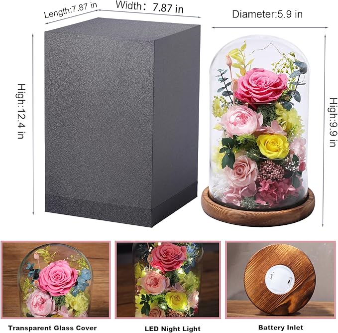 Flowers for Delivery Preserved Flowers Rose in Glass Dome,Pink Rose Forever Flowers Birthday Gifts for Women Mom Grandma Friend for Her,Home Decor