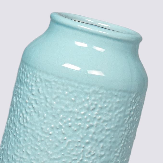 Blue Ceramic Vase for Home Decor - 9 Inch Textured Flower Vase for Table Centerpiece - Modern Decorative Pottery Vases for Flowers, Living Room, Shelf, Mantle Decor