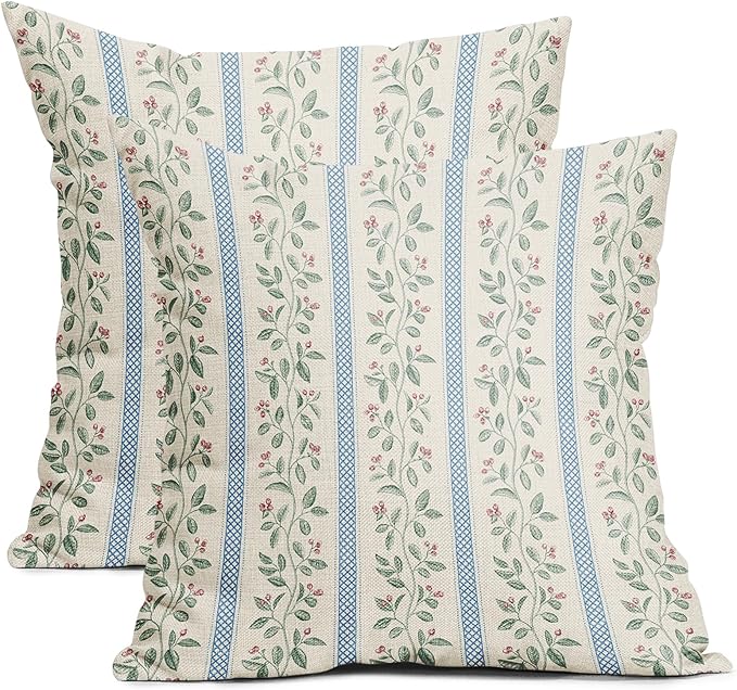 Vintage Floral Pillow Covers 16x16 Set of 2 Striped Boho Decor Blue Green Pillowcases Summer Printed Grand Millenial Throw Pillow Covers with Zipper Soft Cozy for Sofa Bed Chair Home Decoration
