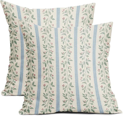 Vintage Floral Pillow Covers 20x20 Set of 2 Striped Boho Decor Blue Green Pillowcases Summer Printed Grand Millenial Throw Pillow Covers with Zipper Soft Cozy for Sofa Bed Chair Home Decoration