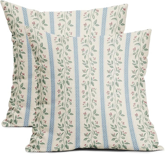 Vintage Floral Pillow Covers 20x20 Set of 2 Striped Boho Decor Blue Green Pillowcases Summer Printed Grand Millenial Throw Pillow Covers with Zipper Soft Cozy for Sofa Bed Chair Home Decoration