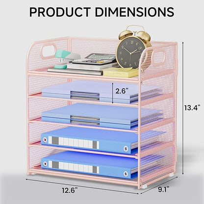 5-Tier Stackable Paper Organizer with Handle, Pink Metal Mesh Letter Tray | Stylish Desk File Sorter for Office, Home & Classroom Supplies