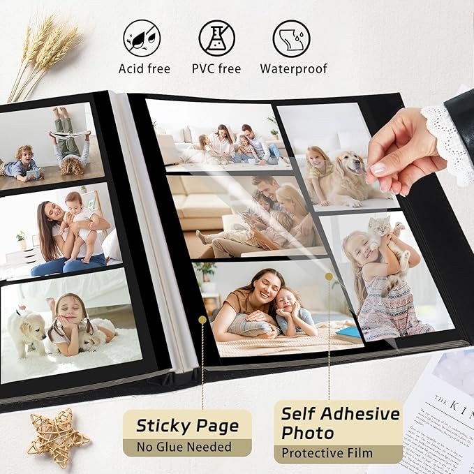 RECUTMS Photo Album Self Adhesive 60 Pages 4x6 5x7 8x10 Photos of Any Size White Inner Button Grain Leather DIY Scrap Book Baby Photo Albums Family Wedding Anniversary Photo Book Album （Black）