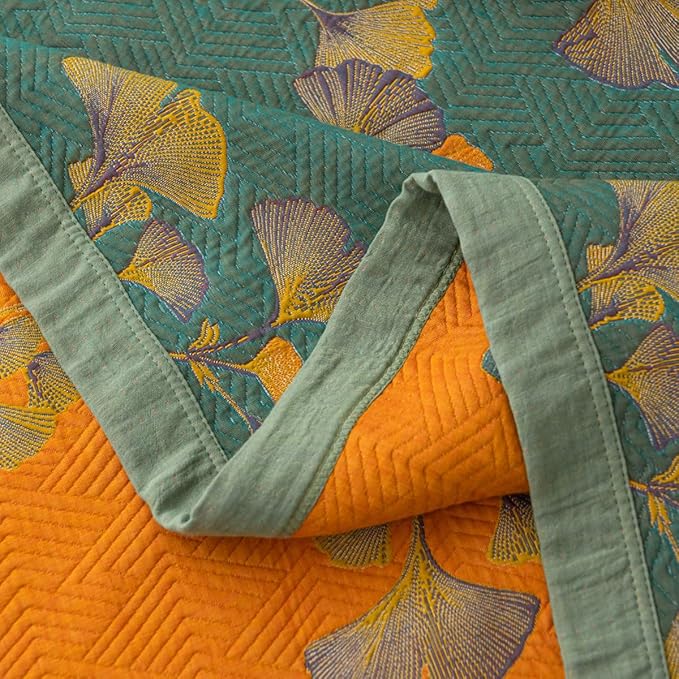 100% Cotton Jacquard Quilt Floral Ginkgo Leaves Print,Soft Muslin Bed Cover 3 Layers Reversible Bedspread Coverlet Breathable Lightweight Bedding,Full/Queen(78"x94"), No Pillow Sham