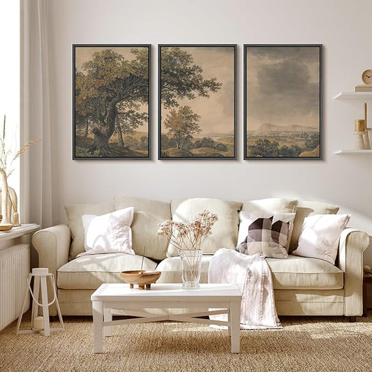 MUDECOR Framed Wall Art Print Set Vintage Landscape Rustic Tree and Mountain View Illustrations Decorative Colorful for Living Room, Bedroom, Office - 16"x24"x3 Black
