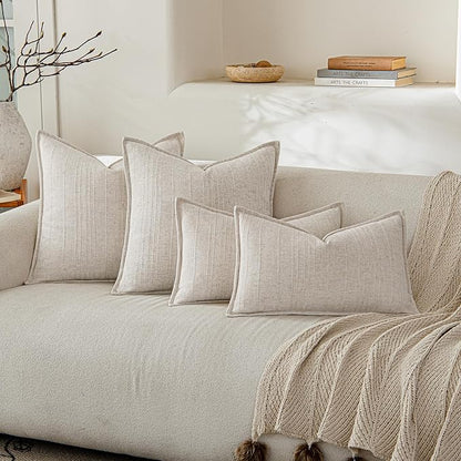a moment Linen Pillow Covers Set of 2,Boho Farmhouse Throw Pillowcases Neutral Textured Decorative Covers for Couch Sofa,Soft Linen Blend Accent Case Cushion Living Room Home Decor 24"x24"Ivory