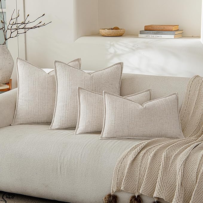 a moment Linen Pillow Covers Set of 2,Boho Farmhouse Throw Pillowcases Neutral Textured Decorative Covers for Couch Sofa,Linen Blend Accent Case Cushion Living Room Home Decor 26"x26" Ivory