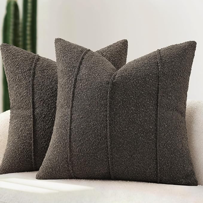YCOLL Textured Boucle Throw Pillow Covers 18x18 Pack of 2 - Soft Neutral Striped Cushion Covers, Cozy Accent Decorative Pillow Covers for Couch, Sofa, Bed, Living Room (Dark Gray)
