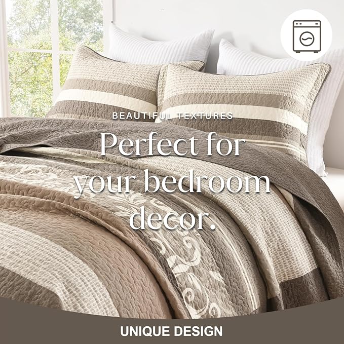 Lightweight King Bedspreads 120x120, 100% Cotton Oversized Quilt, Striped Botanical Pattern Coverlet, Reversible Farmhouse Quilted Bedding Set 3 Piece, Brown/Beige