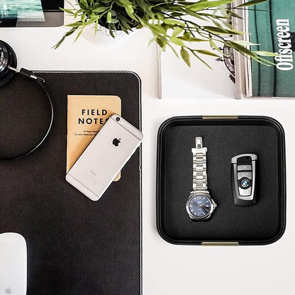 SANZIE Luxury Leather Desktop Storage Small Catchall Organizer Decorative Tray for Entryway Table to Hold Jewelry Watch Cosmetics Keys Phone Wallet, Home & Office Accessories (Metal Glided, Black)