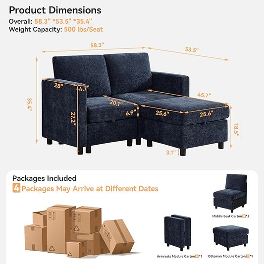 58'' Modular Sectional Loveseat Sofa with Storage, Comfy Office L Shaped Sofa Couch, Chenille Love Seat Modular Sectional Couch with Movable Ottoman for Living Room, Bedroom, Navy