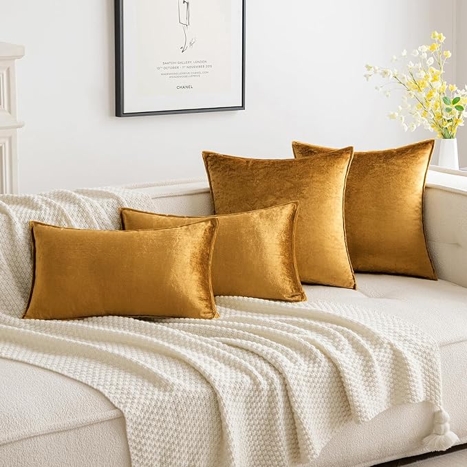 MIULEE Fall Pack of 2 Dark Gold Decorative Velvet Throw Pillow Cover Soft Pillowcase Solid Square Cushion Case for Sofa Bedroom Car 16x16 Inch