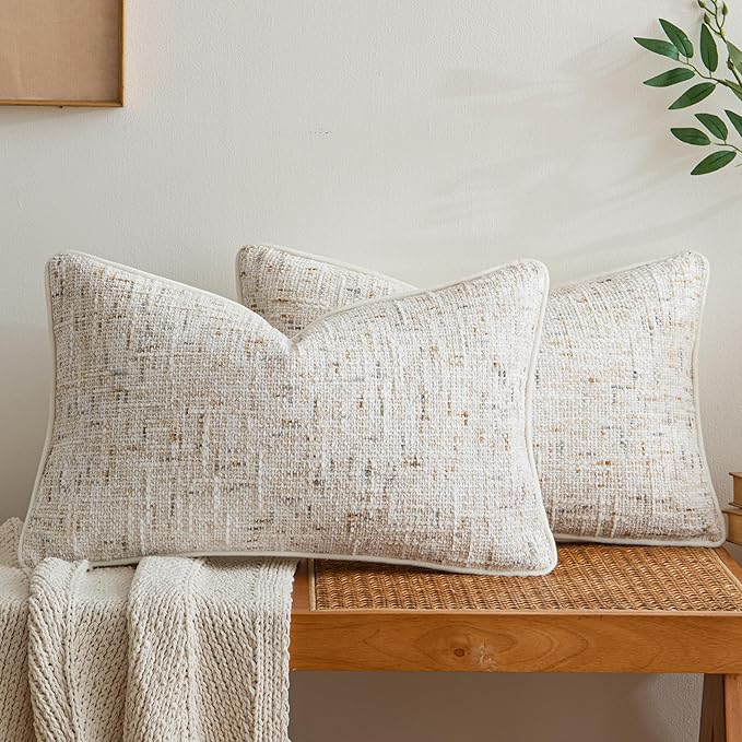 a moment Christmas Beige Reversible Pillow Covers 2 Pack - Farmhouse Chenille Throw Pillows, Neutral Textured Decorative Throw Pillow Covers with Border for Couch Sofa Bed (12x20 Inch, No Insert)