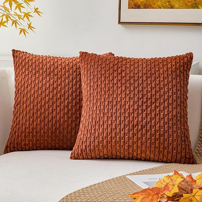 Kevin Textile Fall Throw Pillow Covers Soft Corduroy Decorative Set of 2 Boho Striped Pillow Covers Pillowcases Farmhouse Home Decor for Couch Bed Sofa Living Room 26x26 Inch Rust Brown