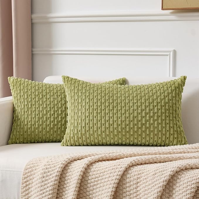 Kevin Textile Spring Decorative Pillow Covers Set of 2 Striped Plush Corduroy Rectangle Lumbars Boho Home Decor Cushion Covers for Couch Sofa Bed Living Room 12x20 Inch, Grass Green